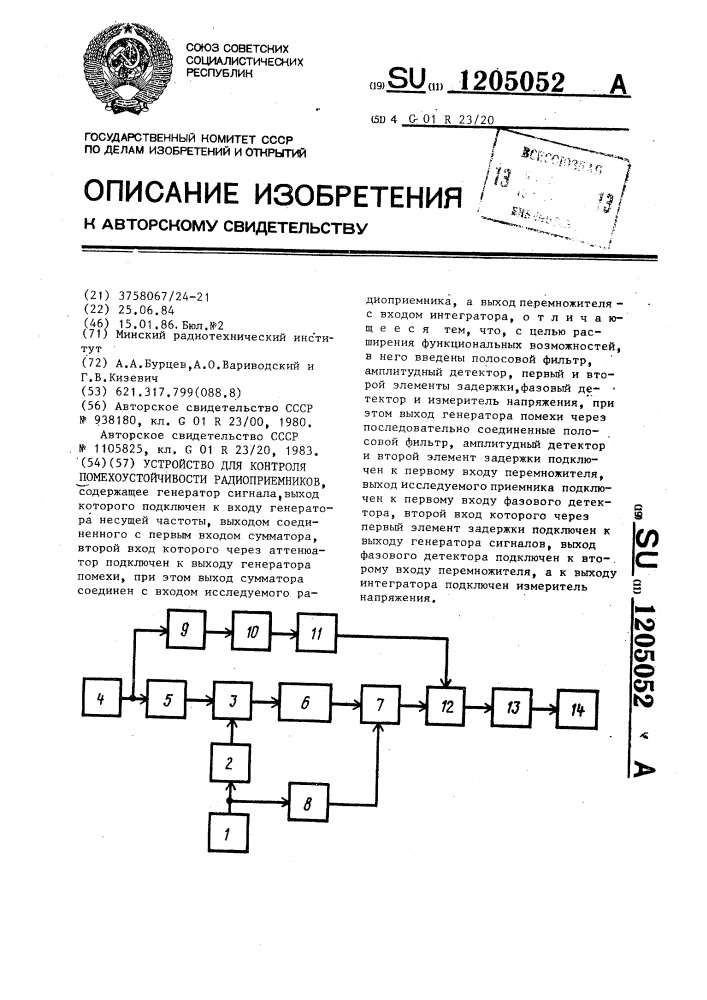 Устройство для контроля помехоустойчивости радиоприемников (патент 1205052)