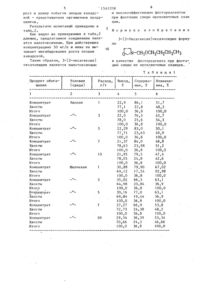 3-(2-оксагексил)оксазолидин в качестве флотореагента при флотации слюды из мусковитовых сланцев (патент 1541208)