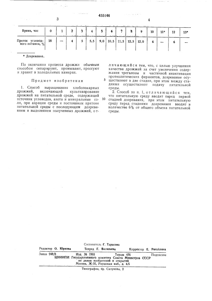 Способ выращивания хлебопекарных дрожжей (патент 455146)