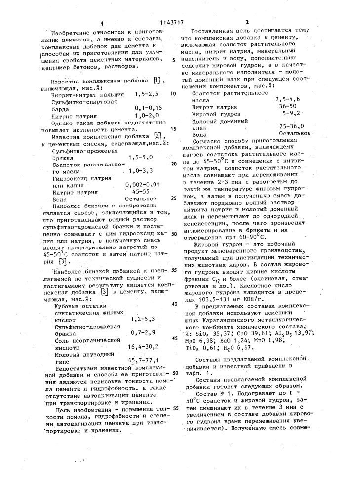 Комплексная добавка к цементу и способ ее приготовления (патент 1143717)