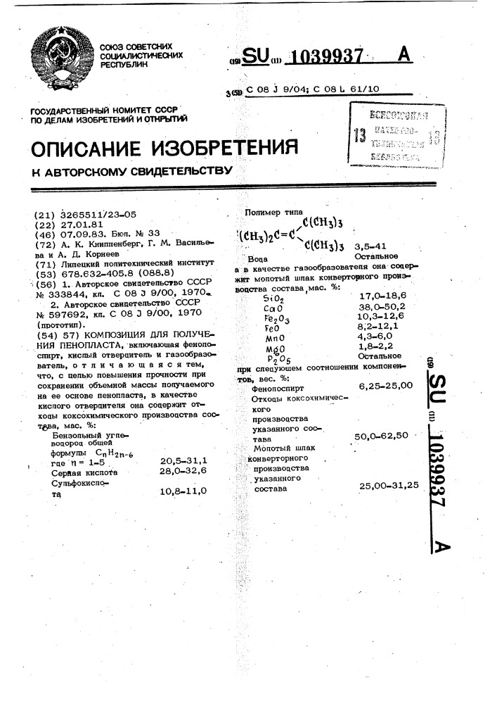 Композиция для получения пенопласта (патент 1039937)