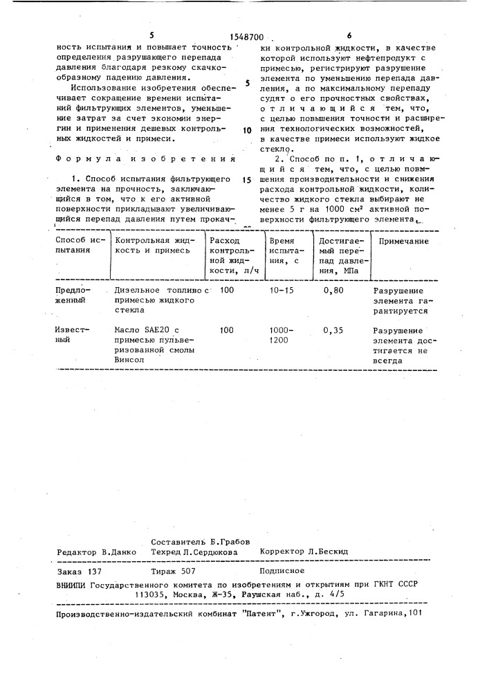 Способ испытания фильтрующего элемента на прочность (патент 1548700)