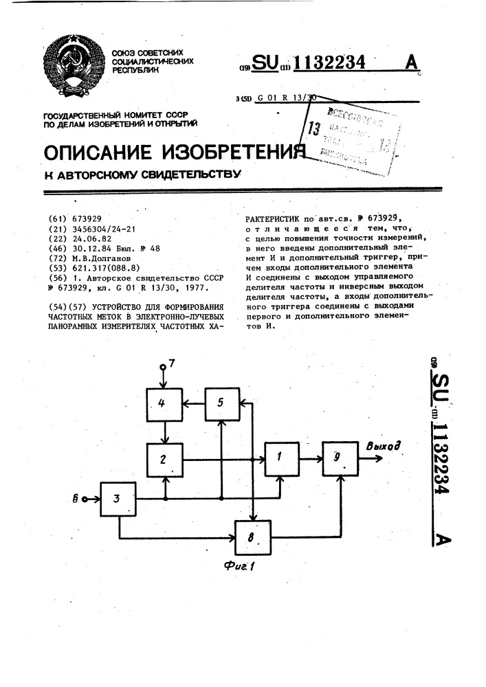 Устройство для формирования частотных меток в электронно- лучевых панорамных измерителях частотных характеристик (патент 1132234)