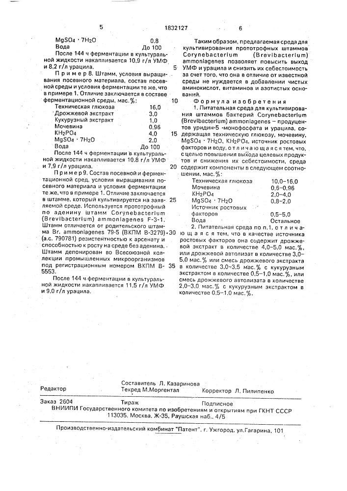 Питательная среда для культивирования штаммов бактерий соrynевастеriuм (вrеviвастеriuм)-аммоniаgеnеs-продуцентов уридин-5 @ -монофосфата и урацила (патент 1832127)