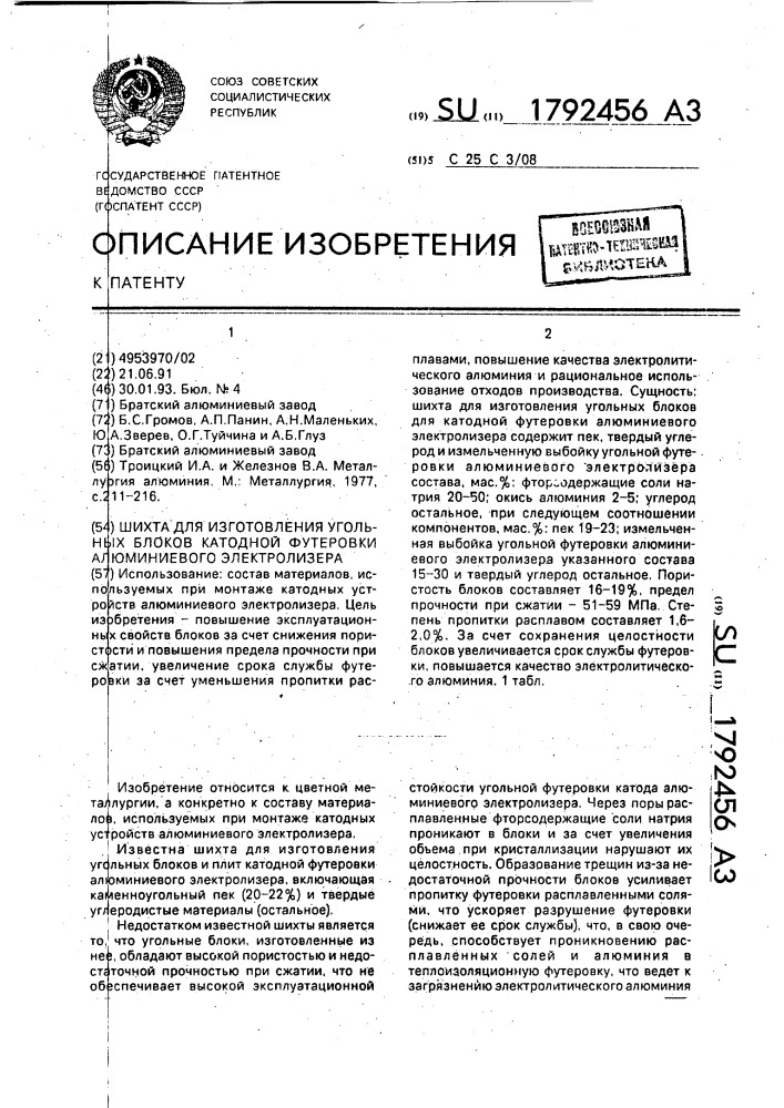 Шихта для изготовления угольных блоков катодной футеровки алюминиевого электролизера (патент 1792456)