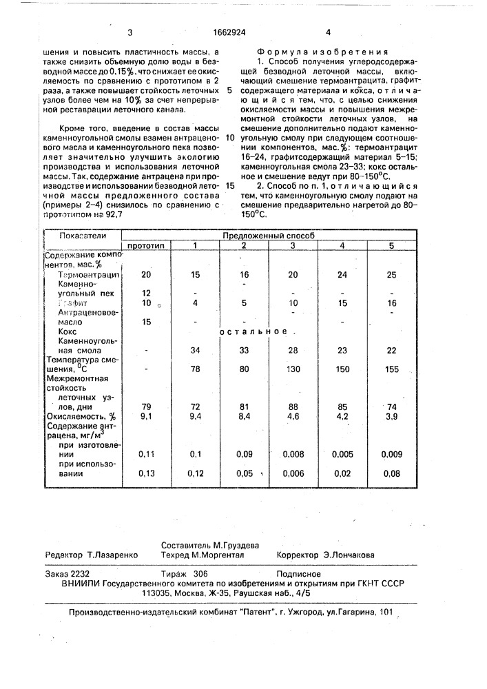 Способ получения углеродсодержащей безводной леточной массы (патент 1662924)