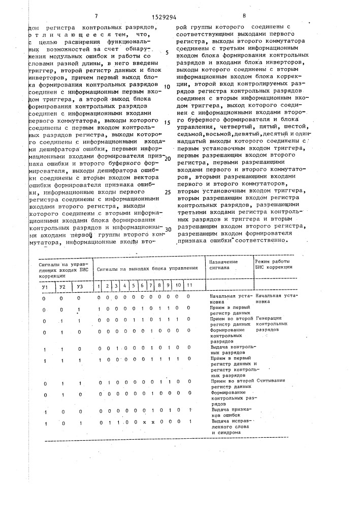 Устройство коррекции ошибок (патент 1529294)