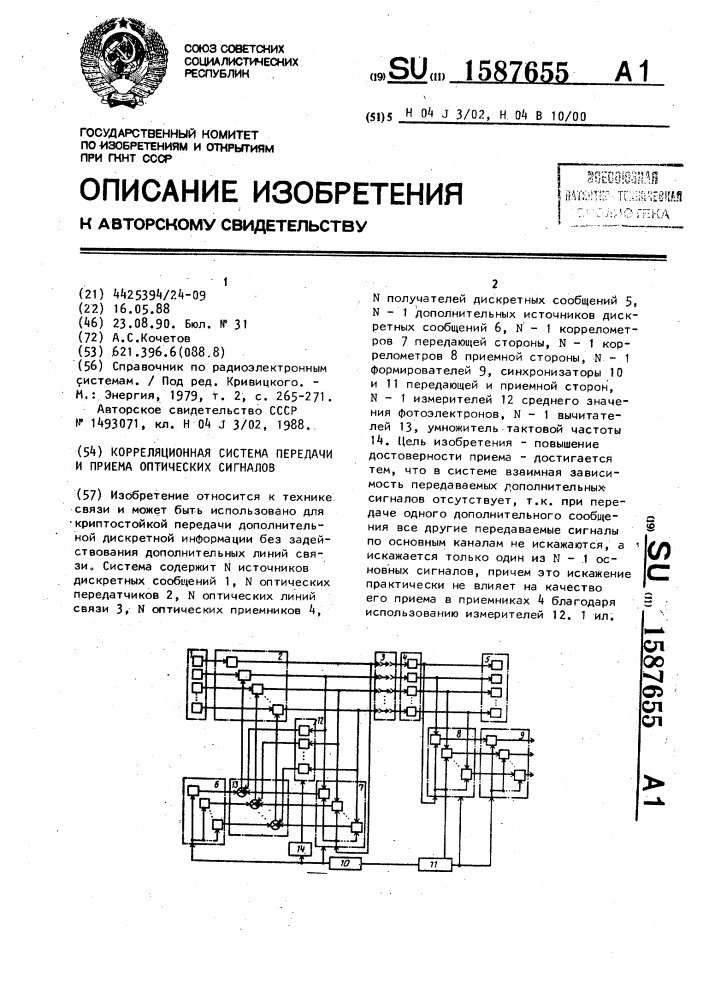 Корреляционная система передачи и приема оптических сигналов (патент 1587655)