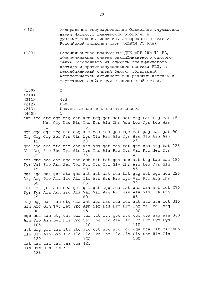 Рекомбинантная плазмидная днк pet-15b_t1_rl, обеспечивающая синтез рекомбинантного слитого белка, состоящего из опухоль-специфического пептида и противоопухолевого пептида rl2, и рекомбинантный слитый белок, обладающий цитотоксической активностью по отношению к раковым клеткам и таргетными свойствами к опухолевой ткани (патент 2619050)