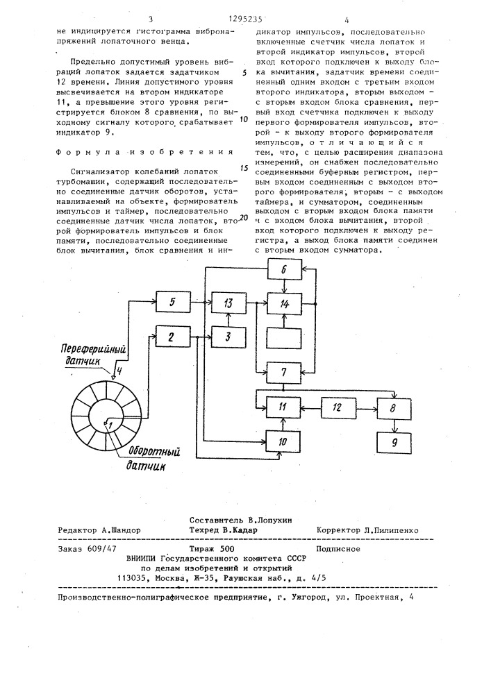 Сигнализатор колебаний лопаток турбомашин (патент 1295235)