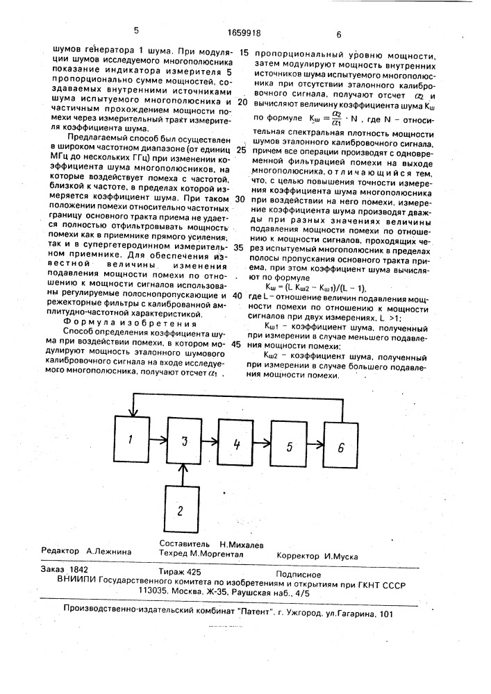 Способ определения коэффициента шума при воздействии помехи (патент 1659918)