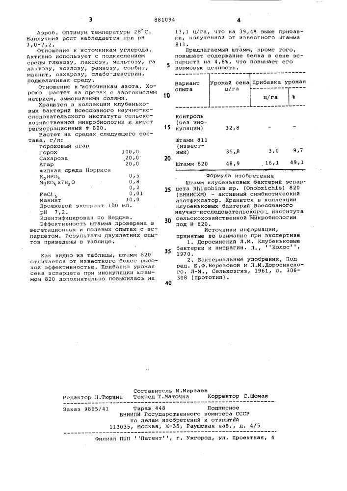 Штамм клубеньковых бактерий эспарцета rнizовiuм sp.(оnовrуснis)-820 /вниисхм/-активный симбиотический азотфиксатор (патент 881094)