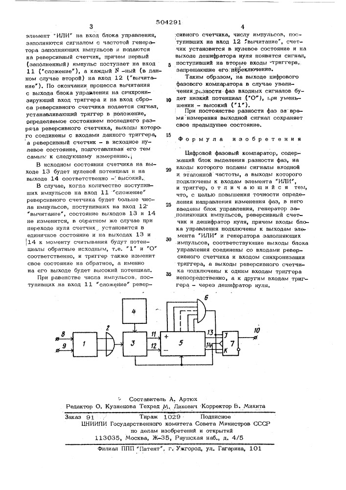 Цифровой фазовый компаратор (патент 504291)