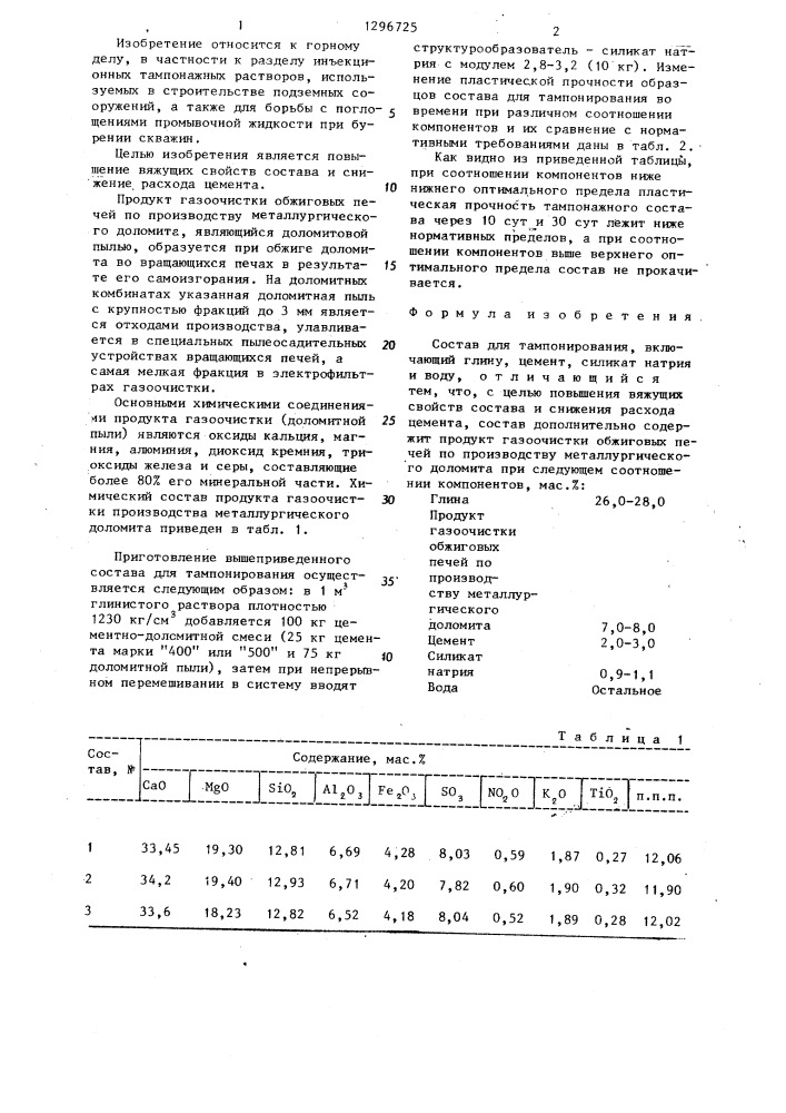 Состав для тампонирования (патент 1296725)