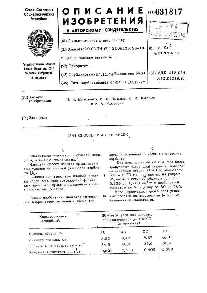 Способ очистки крови (патент 631817)