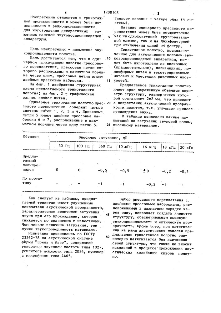 Одинарное трикотажное полотно прессового переплетения (патент 1208108)