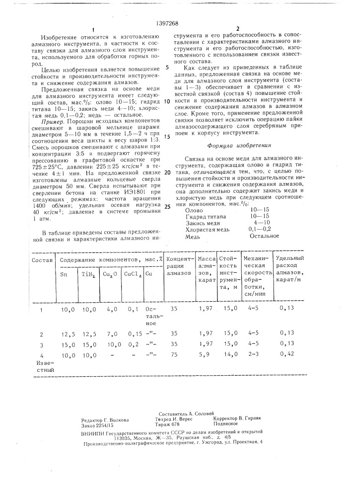 Связка на основе меди для алмазного инструмента (патент 1397268)