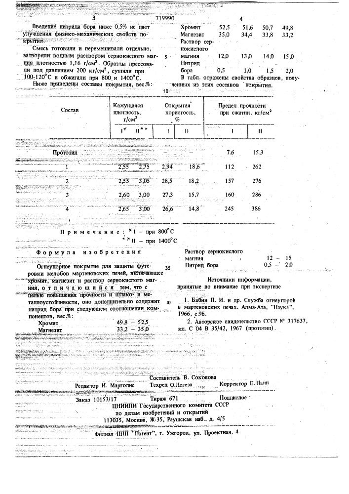 Огнеупорное покрытие (патент 719990)