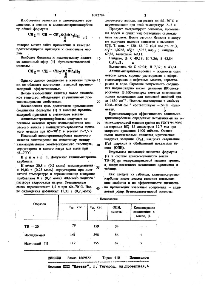 Аллиламилтритиокарбонат в качестве противозадирной присадки к смазочным маслам (патент 1082784)