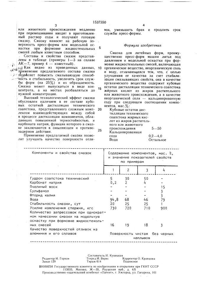 Смазка для литейных форм (патент 1537350)