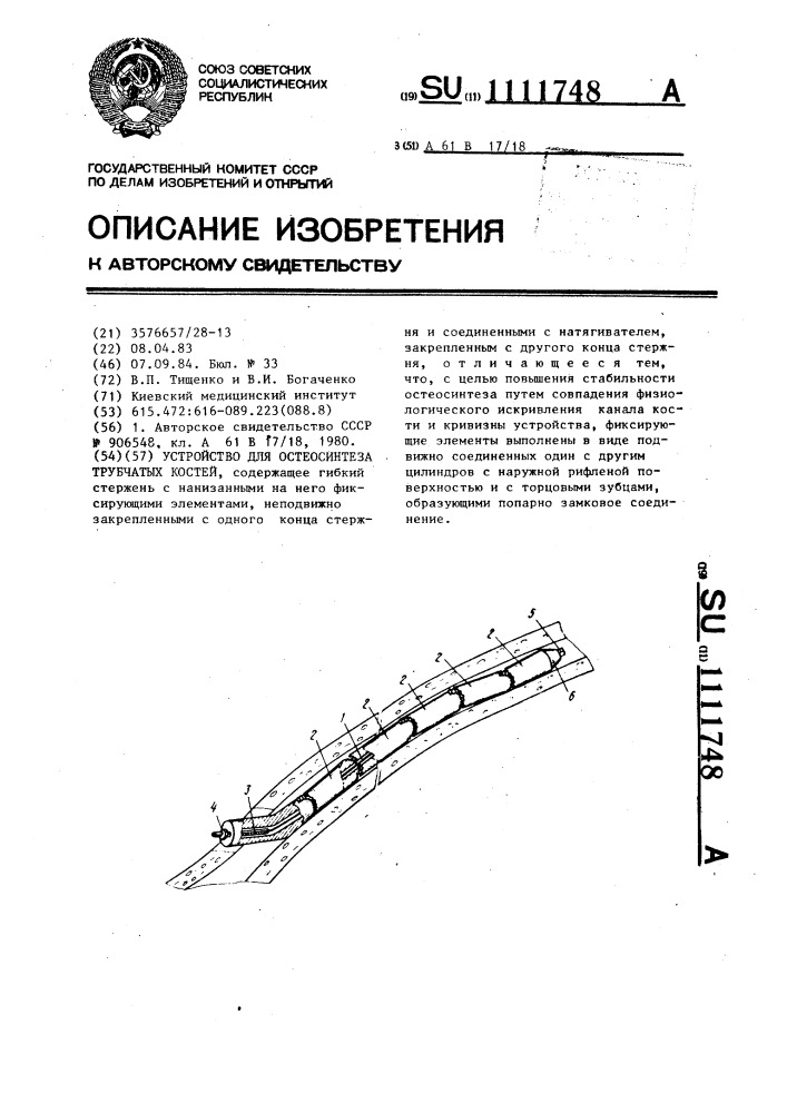 Устройство для остеосинтеза трубчатых костей (патент 1111748)