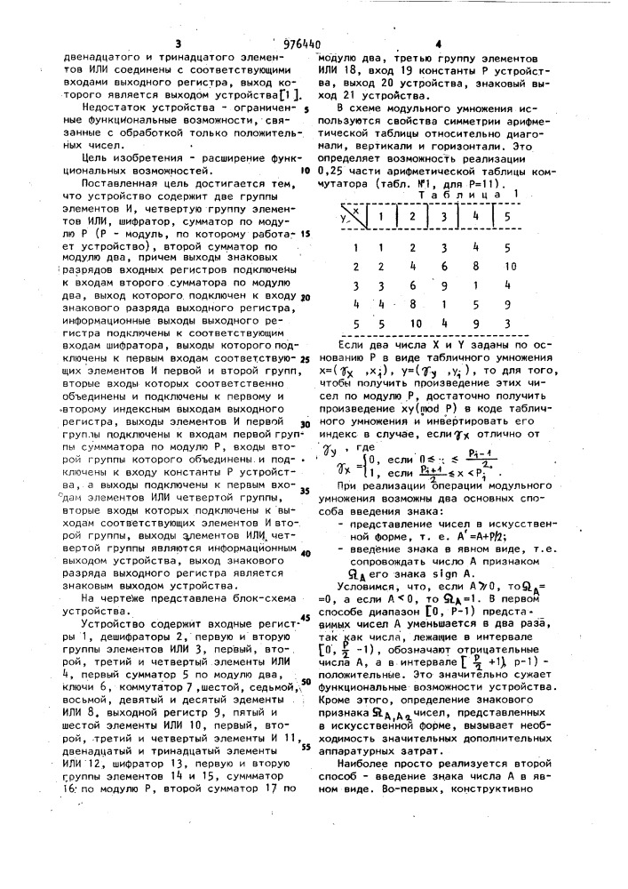 Устройство для умножения чисел по модулю (патент 976440)