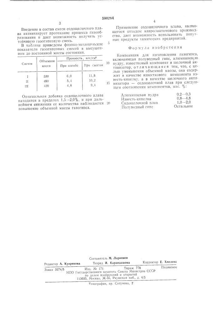 Коипозиция для изготовления газогипса (патент 590284)