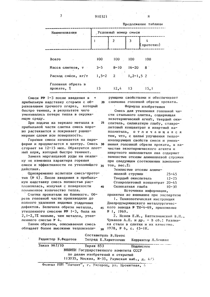 Смесь для утепления головной части стального слитка (патент 910321)