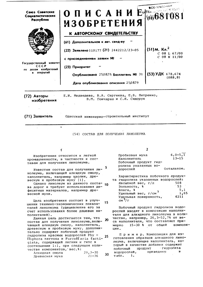 Состав для получения линолеума (патент 681081)