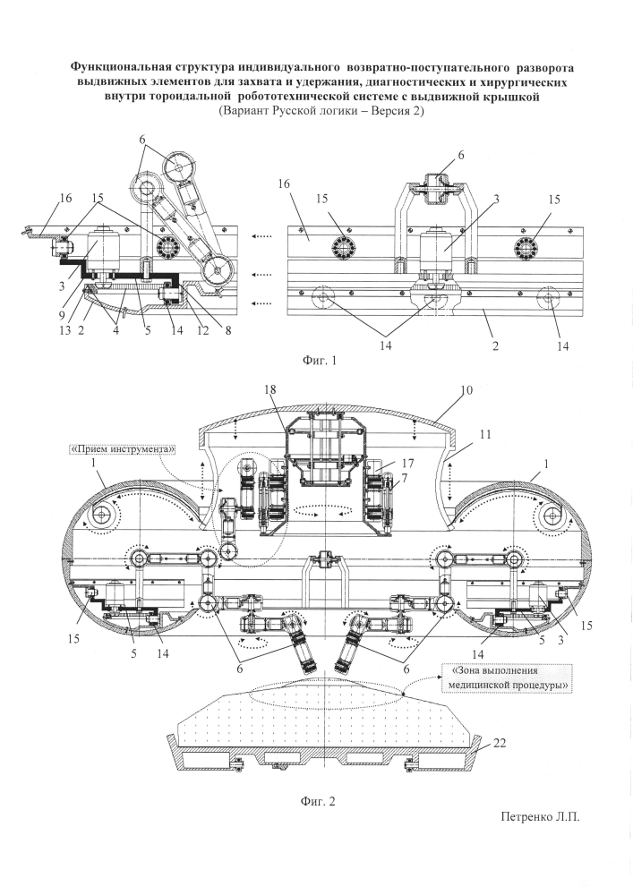 Функциональная структура индивидуального возвратно-поступательного разворота выдвижных элементов для захвата и удержания диагностических и хирургических корпусов внутри тороидальной робототехнической системы с выдвижной крышкой (вариант русской логики - версия 2) (патент 2598211)