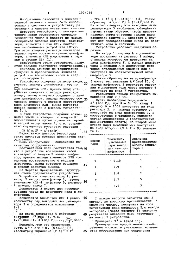 Устройство для возведения чисел в квадрат по модулю @ (патент 1034036)