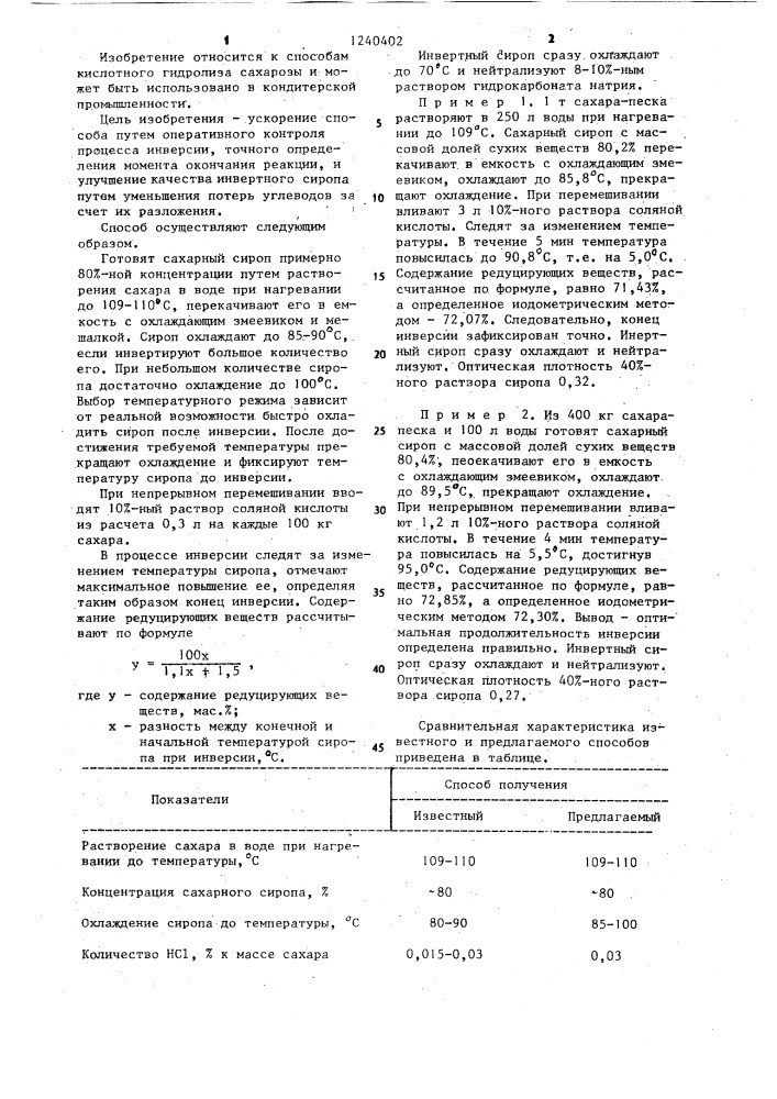 Способ получения инвертного сиропа (патент 1240402)