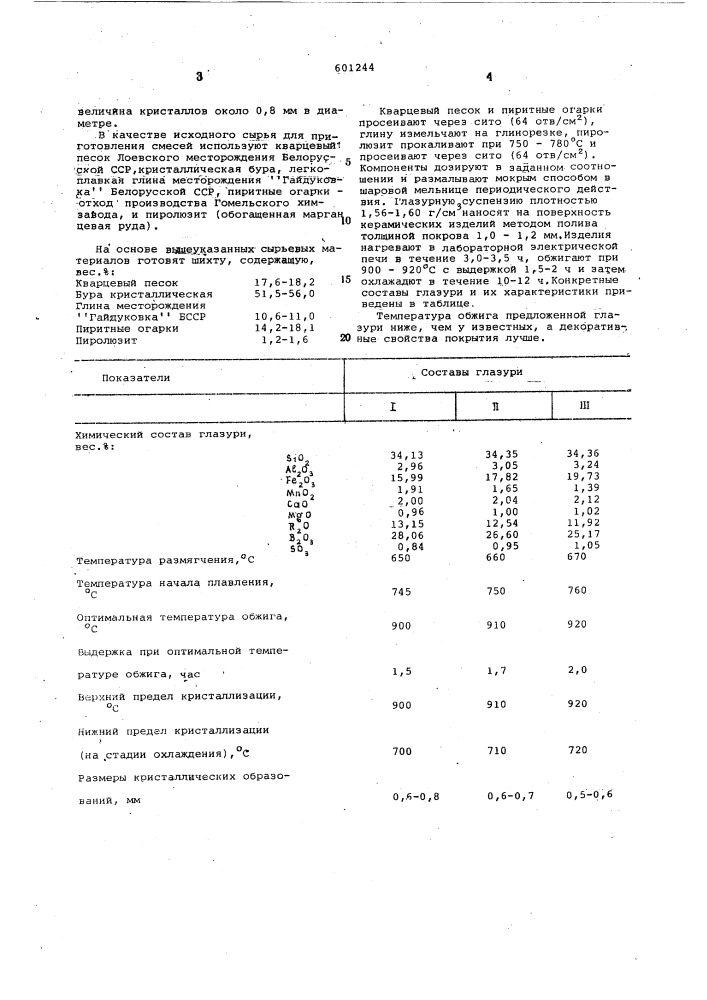 Глазурь (патент 601244)