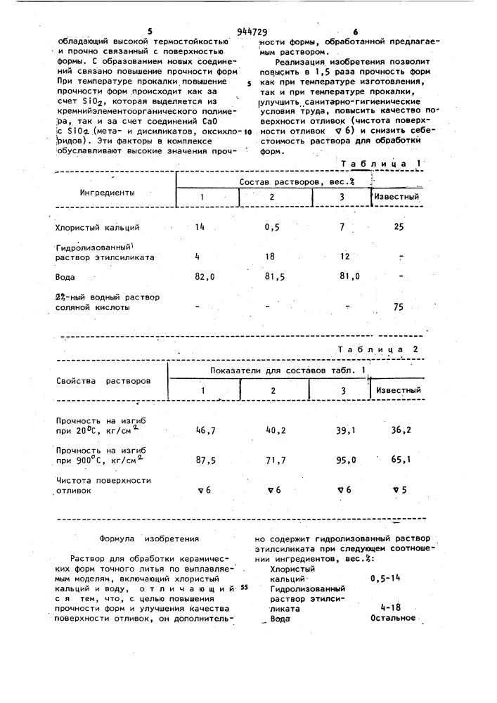 Раствор для обработки керамических форм (патент 944729)