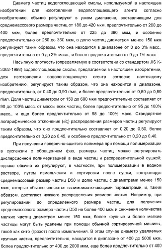 Водопоглощающий агент в виде частиц, содержащий в качестве основного компонента водопоглощающую смолу (варианты), поглощающее изделие на его основе и варианты способа получения водопоглощающего агента (патент 2338763)