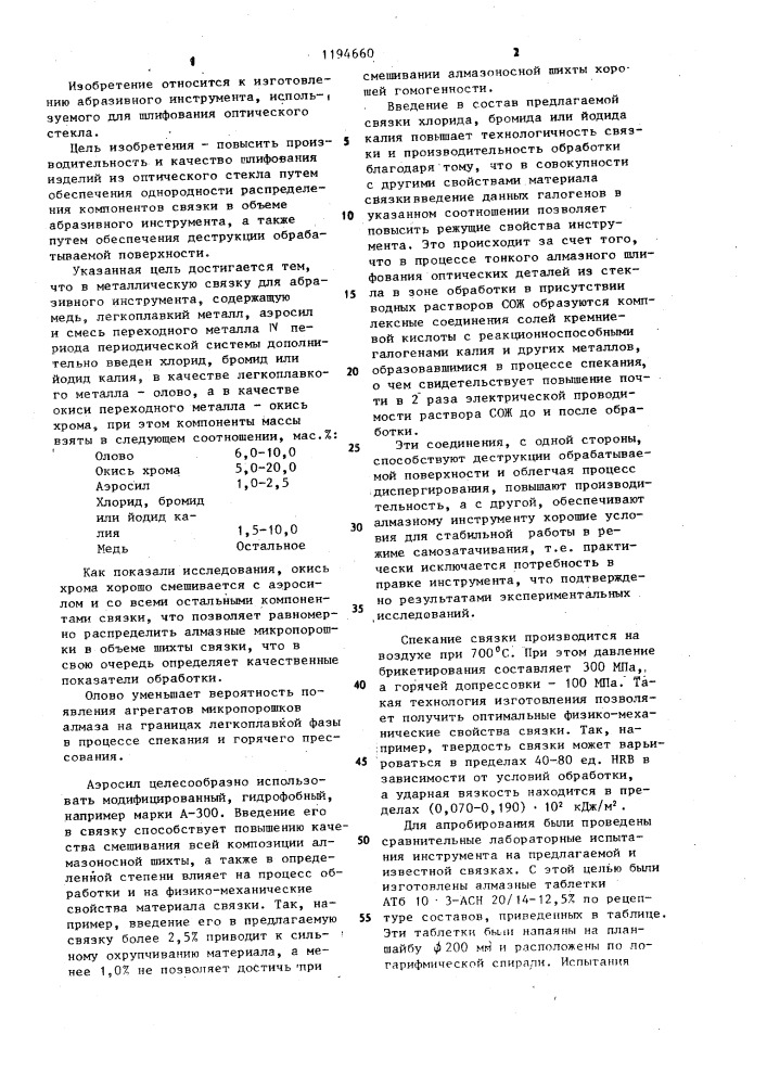 Металлическая связка для абразивного инструмента (патент 1194660)