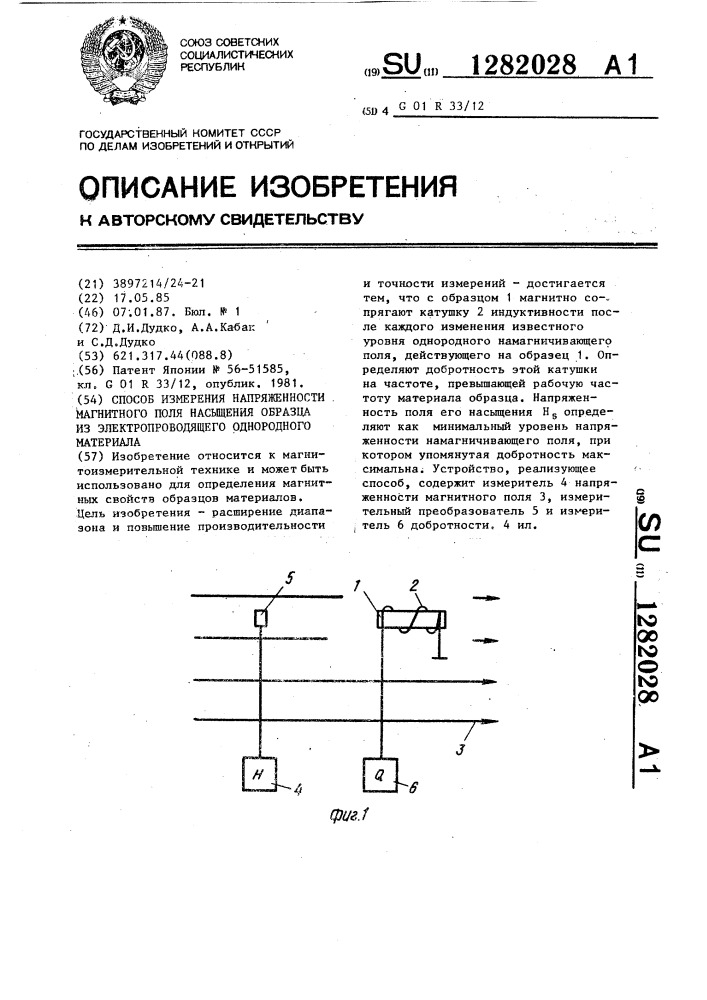 Способ измерения напряженности магнитного поля насыщения образца из электроводящего однородного материала (патент 1282028)