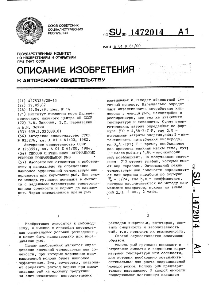 Способ определения оптимальных режимов подращивания рыб (патент 1472014)