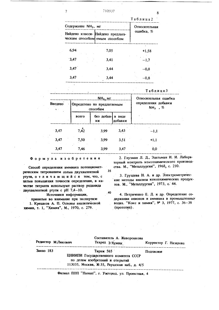 Способ определения аммиака (патент 710937)