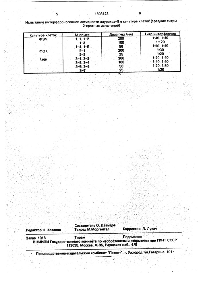 Индуктор интерферона и ингибитор вируса (патент 1803123)