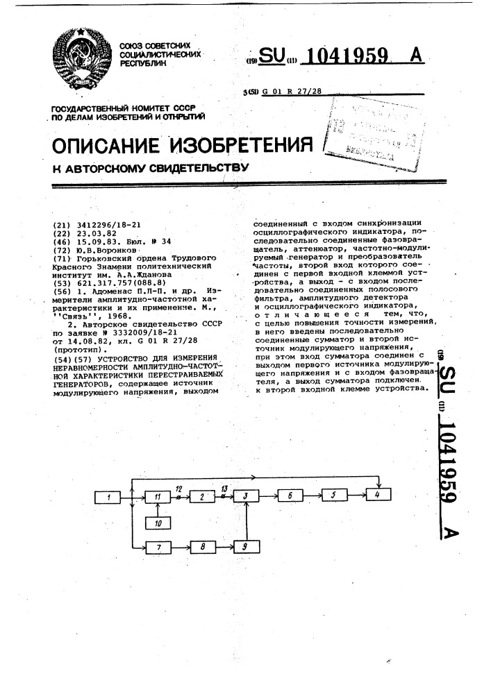 Устройство для измерения неравномерности амплитудно- частотной характеристики перестраиваемых генераторов (патент 1041959)