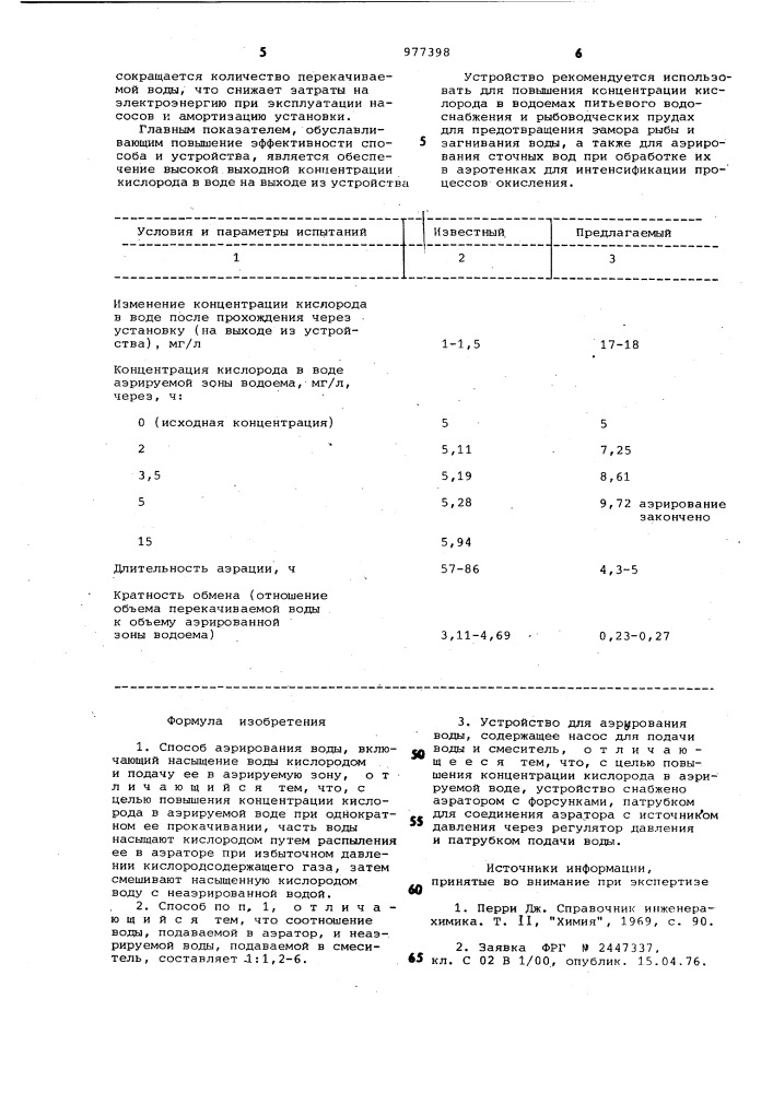 Способ аэрирования воды и устройство для его осуществления (патент 977398)