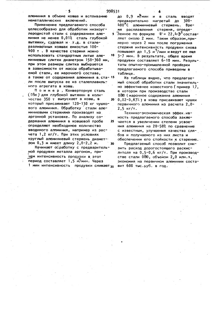 Способ обработки низкоуглеродистой стали в ковше (патент 998531)