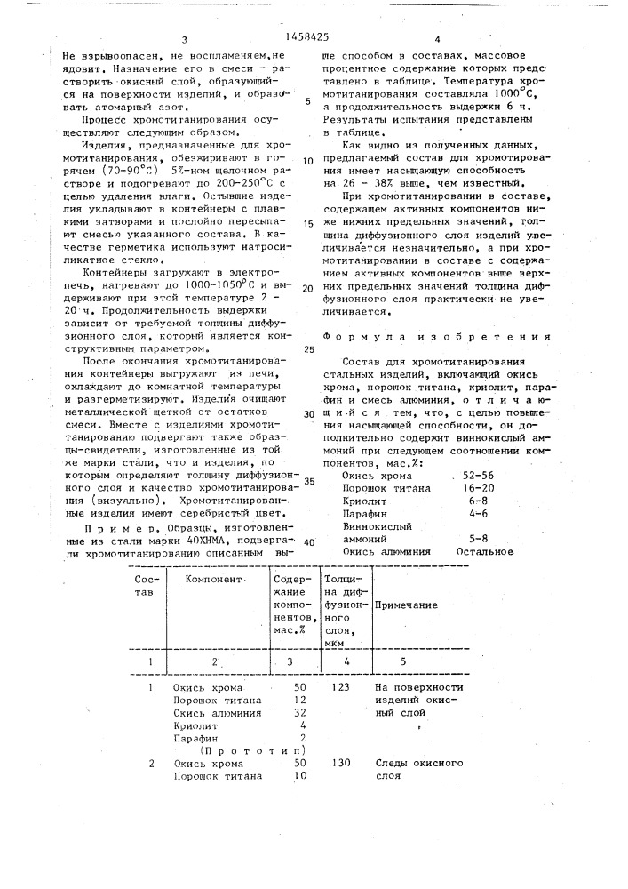 Состав для хромотитанирования стальных изделий (патент 1458425)