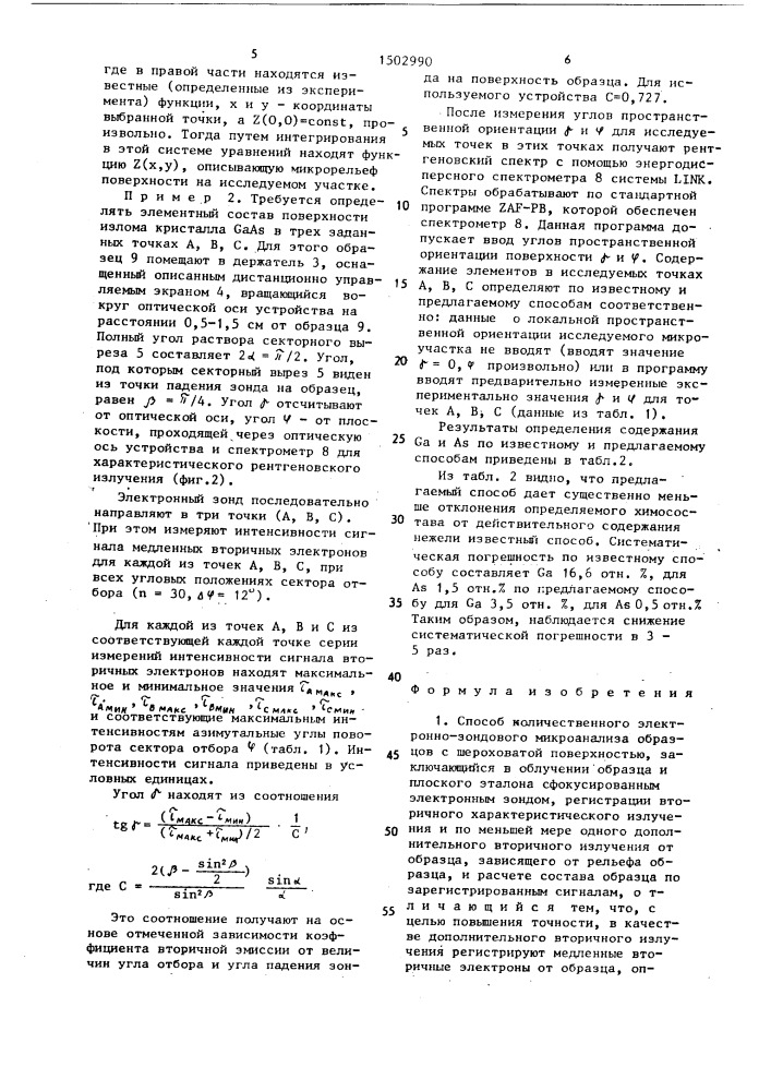 Способ количественного электронно-зондового микроанализа образцов с шероховатой поверхностью (патент 1502990)
