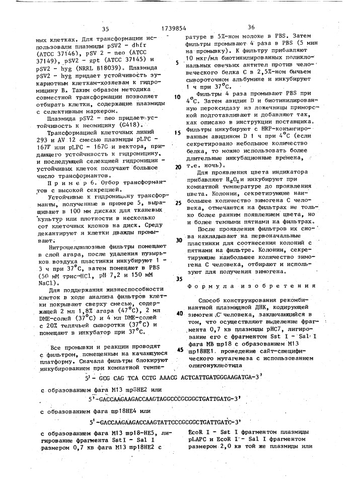 Способ конструирования рекомбинантной плазмидной днк, кодирующей зимоген с человека (патент 1739854)