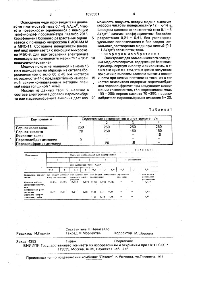 Электролит для гальванического осаждения медного покрытия (патент 1696581)