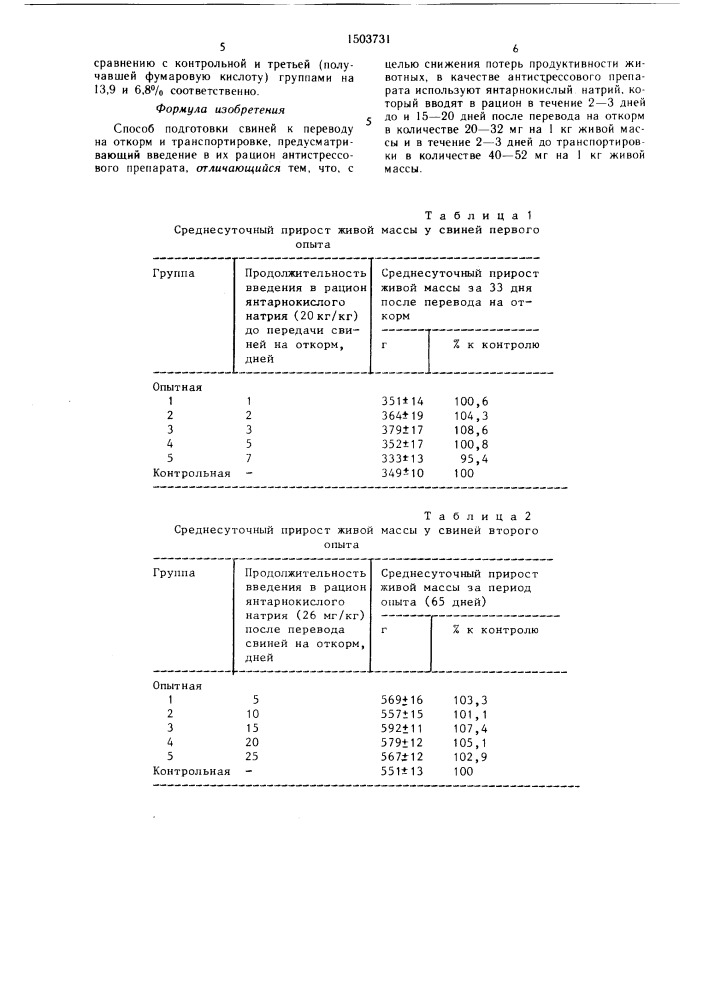 Способ подготовки свиней к переводу на откорм и транспортировке (патент 1503731)