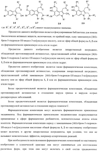 Замещенные [4(6)-бром-5-гидрокси-1н-индол-3-ил]уксусные кислоты и их эфиры, фокусированная библиотека, противовирусный препарат и фармацевтическая композиция (патент 2393149)