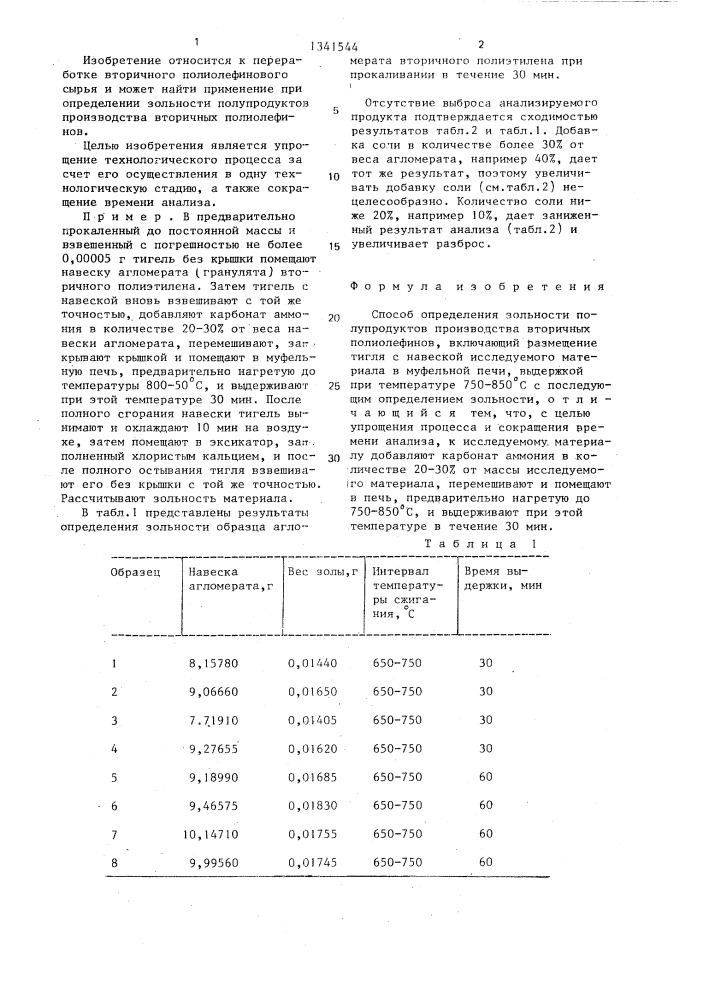 Способ определения зольности полупродуктов производства вторичных полиолефинов (патент 1341544)